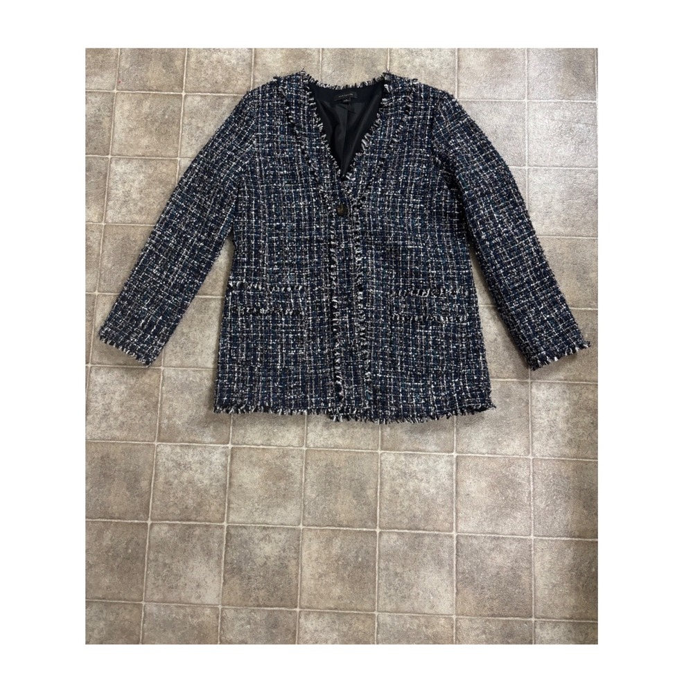 Ann Taylor Navy Blue White Tweed Fringe Trim Button Front Blazer Jacket Size 10